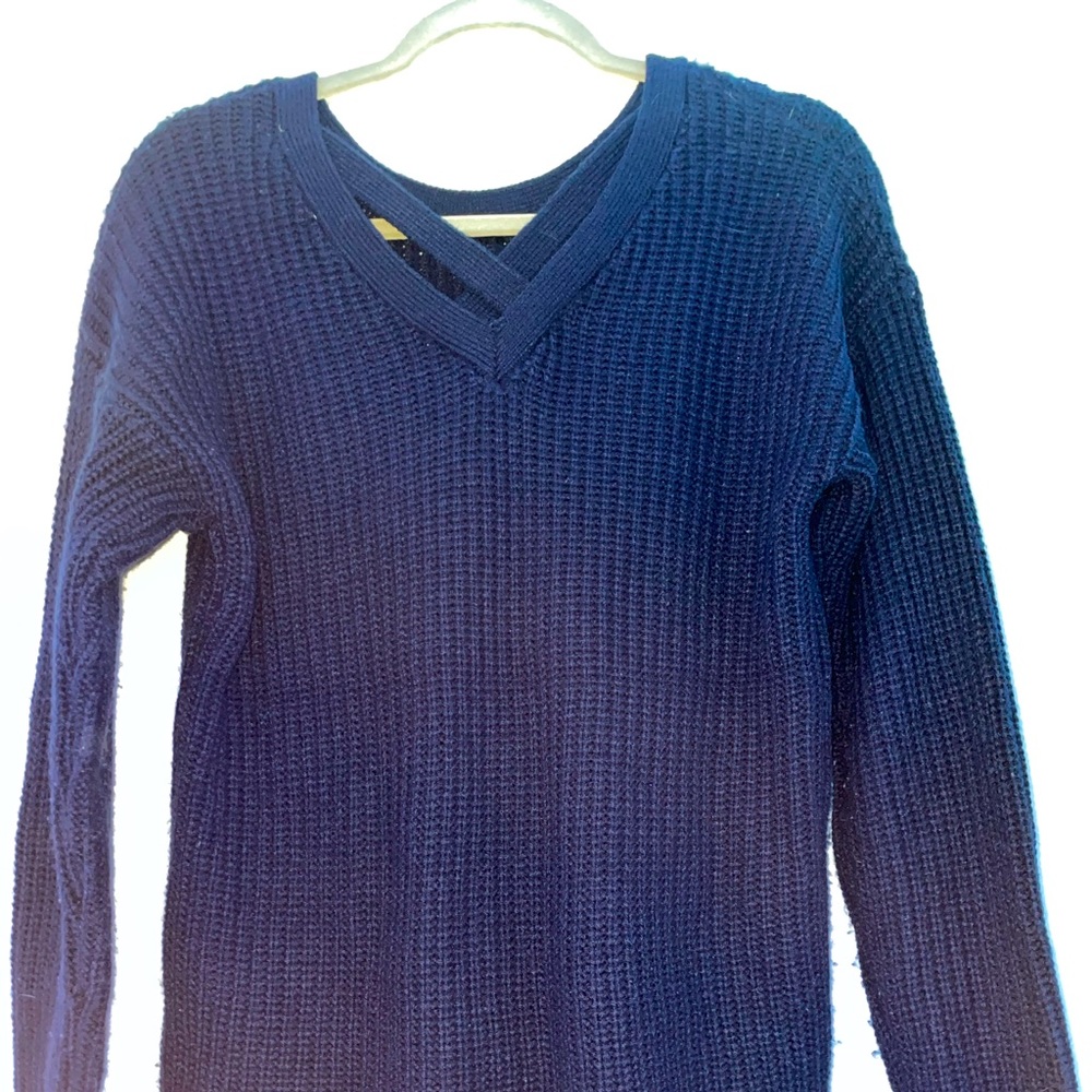 Navy blue knit sweater with cross back